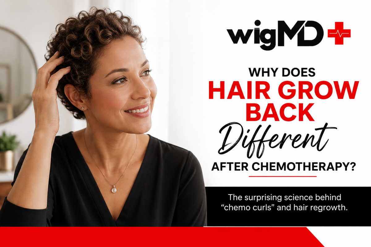 Woman gently touching short new hair growth after chemotherapy