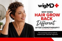Woman gently touching short new hair growth after chemotherapy
