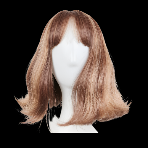 Adoriya Brown wig with bangs on a mannequin head against a black background