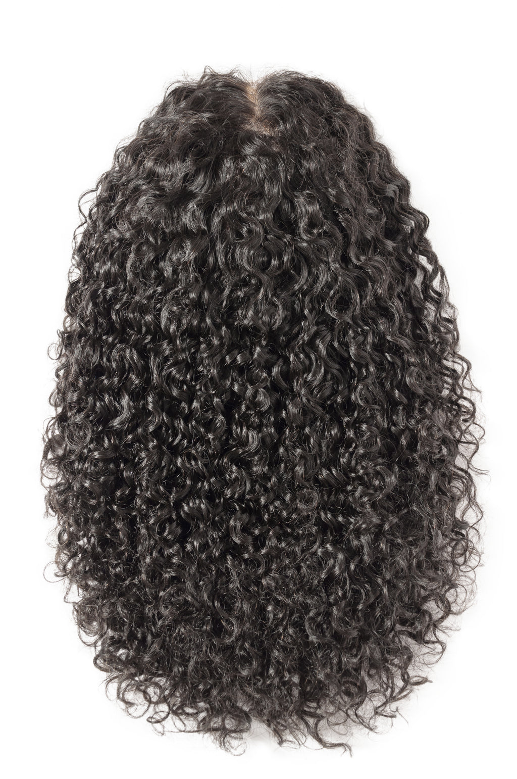 A coily textured wig in natural black color, displayed from the top showing the volume and curl of the hair.