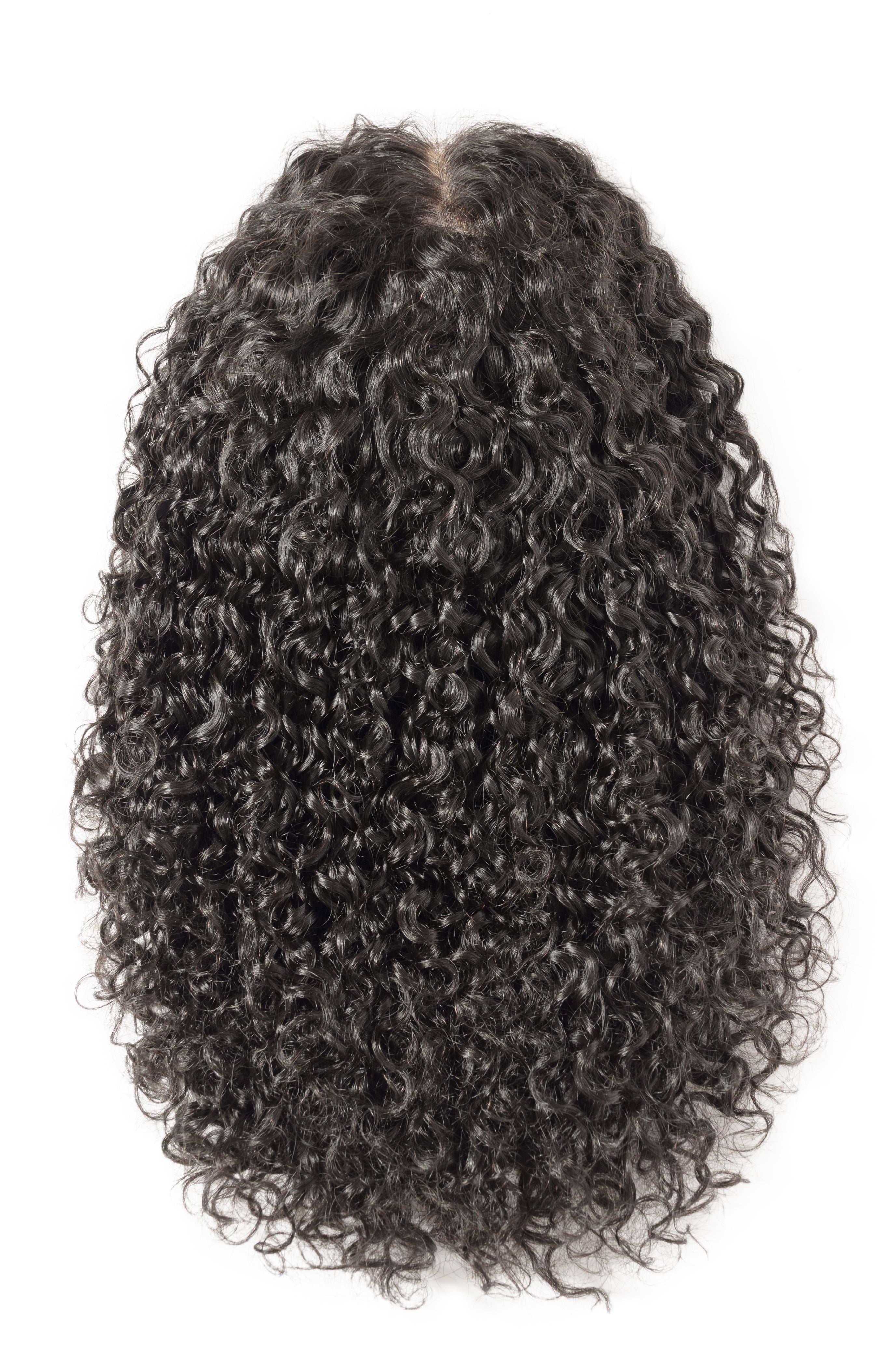 A coily textured wig in natural black color, displayed from the top showing the volume and curl of the hair.