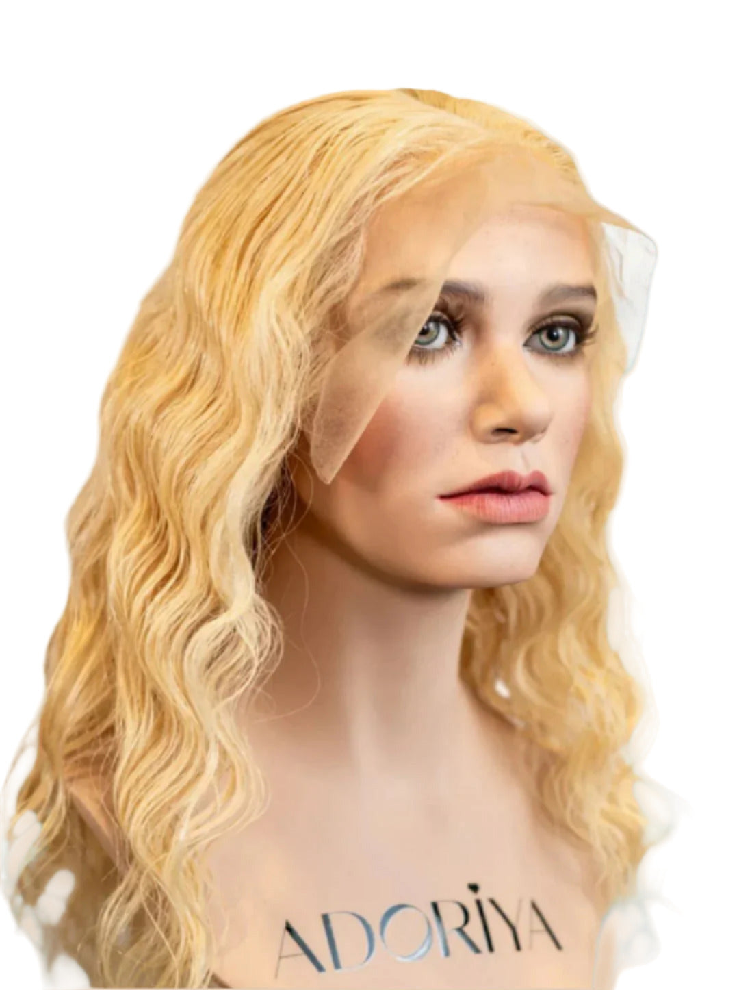 Blonde wig on a mannequin head with a blue background, featuring the brand 'Adoriya'.