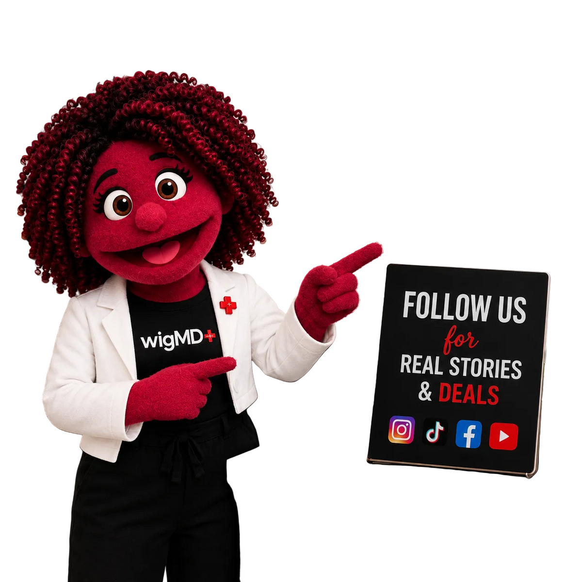 Willa a red mascot character pointing at a sign with wigMD branding in a store setting.