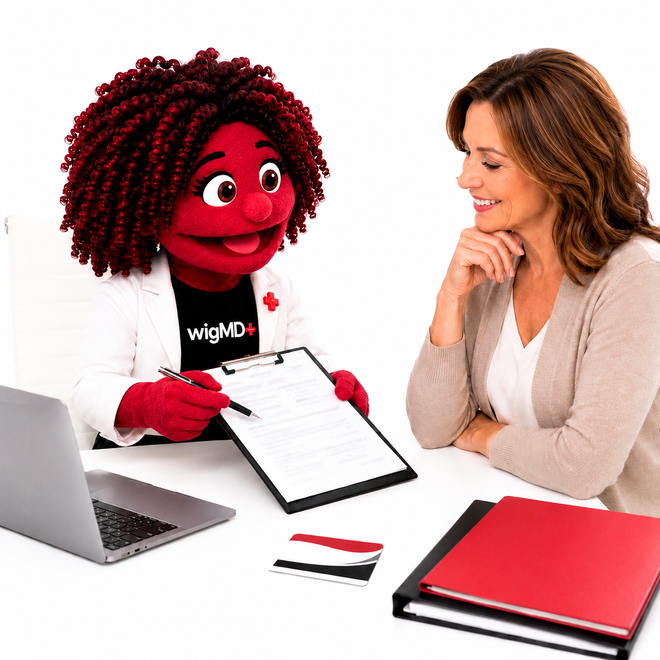 Person with a red wig and Willa a character from 'WigMD' sitting at a desk with a laptop and notebook.