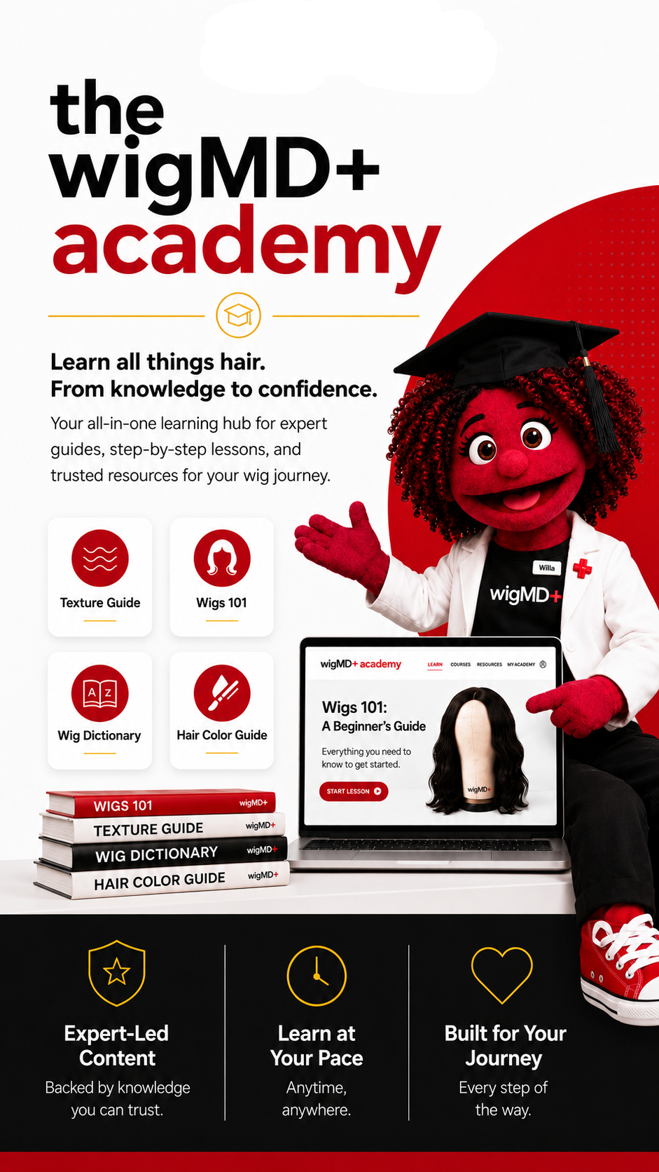 Advertisement for wigMD+ academy with WIlla a mascot character and educational materials.