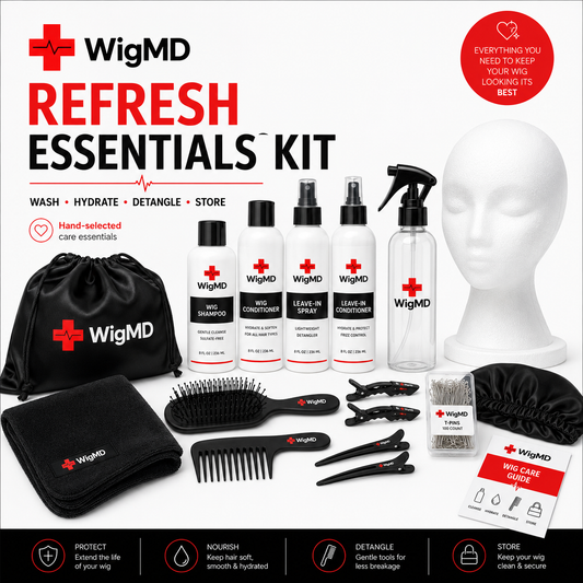 WigMD Refresh Essentials Kit with wig shampoo, conditioner, leave-in spray, wig brush, comb, clips, styrofoam head, T-pins, satin cap, storage bag, and wig care guide.