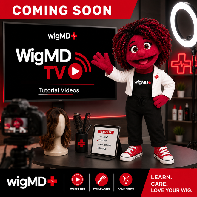 Willa, the WigMD mascot, waves inside a video studio beside a screen that says “WigMD TV Tutorial Videos.” The scene includes wig care tools, a mannequin wig head, a camera, and red, black, and white WigMD branding promoting upcoming wig care tutorial videos.