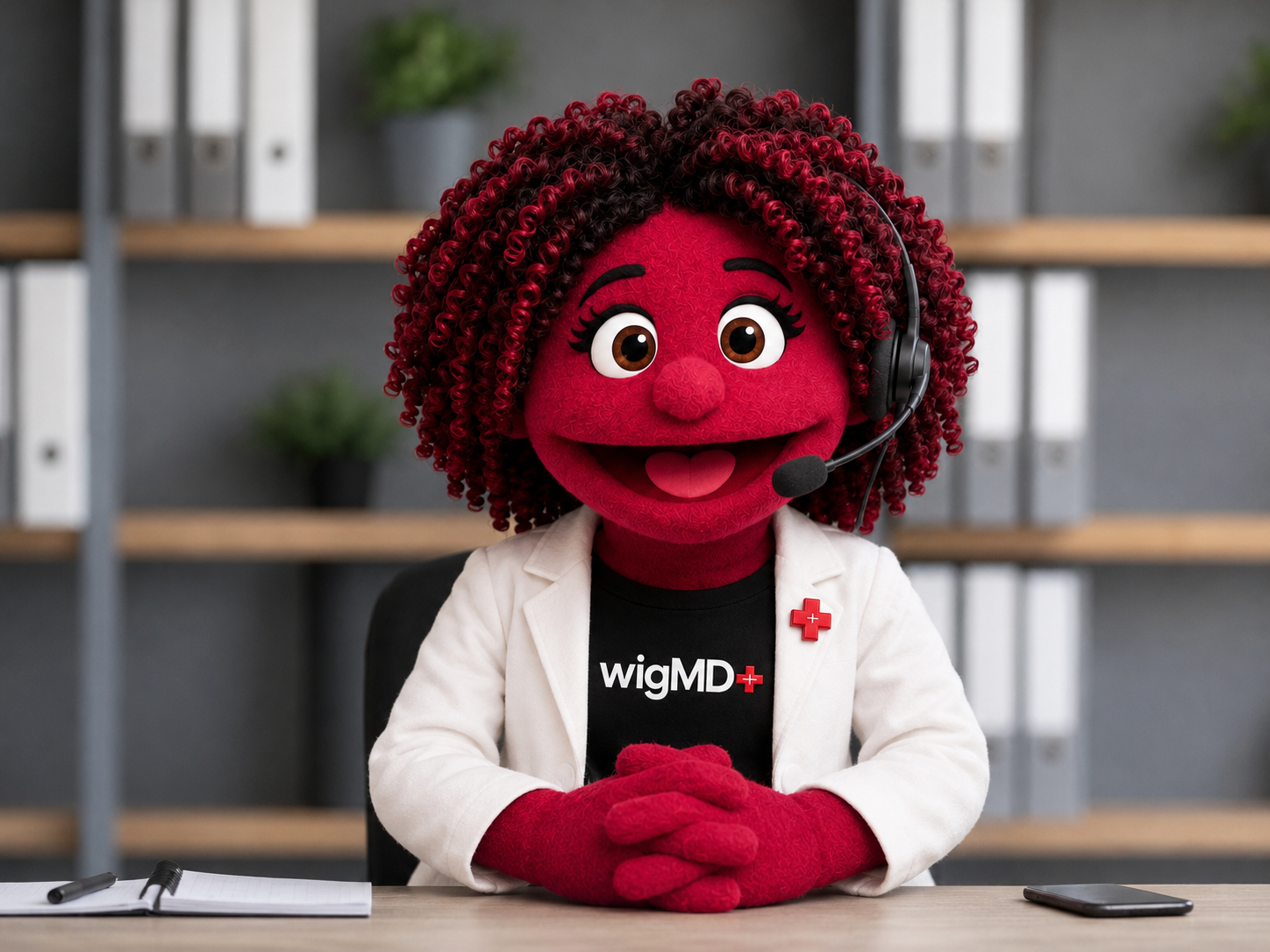 Willa a Red mascot character with a headset sitting at a desk in an office setting.