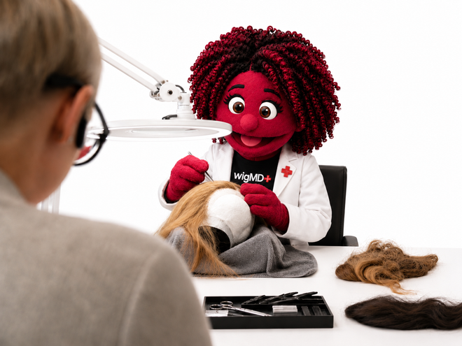Person interacting with WIlla a wigMD mascot at a desk with hair-related items.