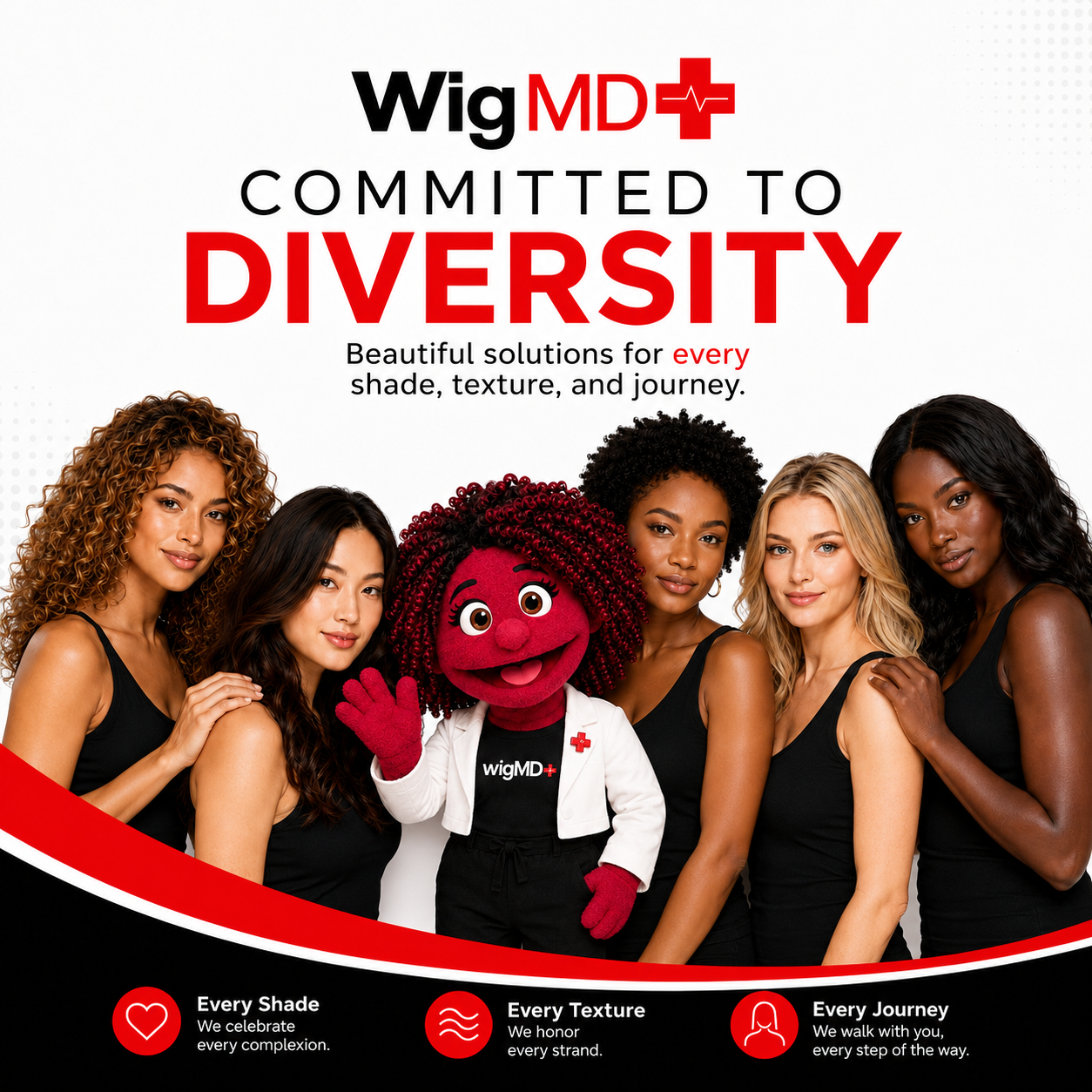 Wig MD advertisement with diverse group of women and mascot, emphasizing wig hair diversity and inclusivity.