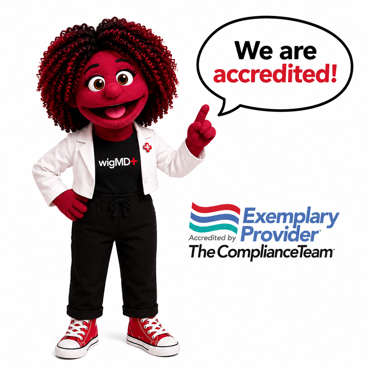 WIlla a red puppet mascot with curly hair wearing a white lab coat over a black shirt with the wigMD logo, black pants, and red sneakers, pointing to a speech bubble that says 'We are accredited!' and a ComplianceTeam Accredited by logo below.