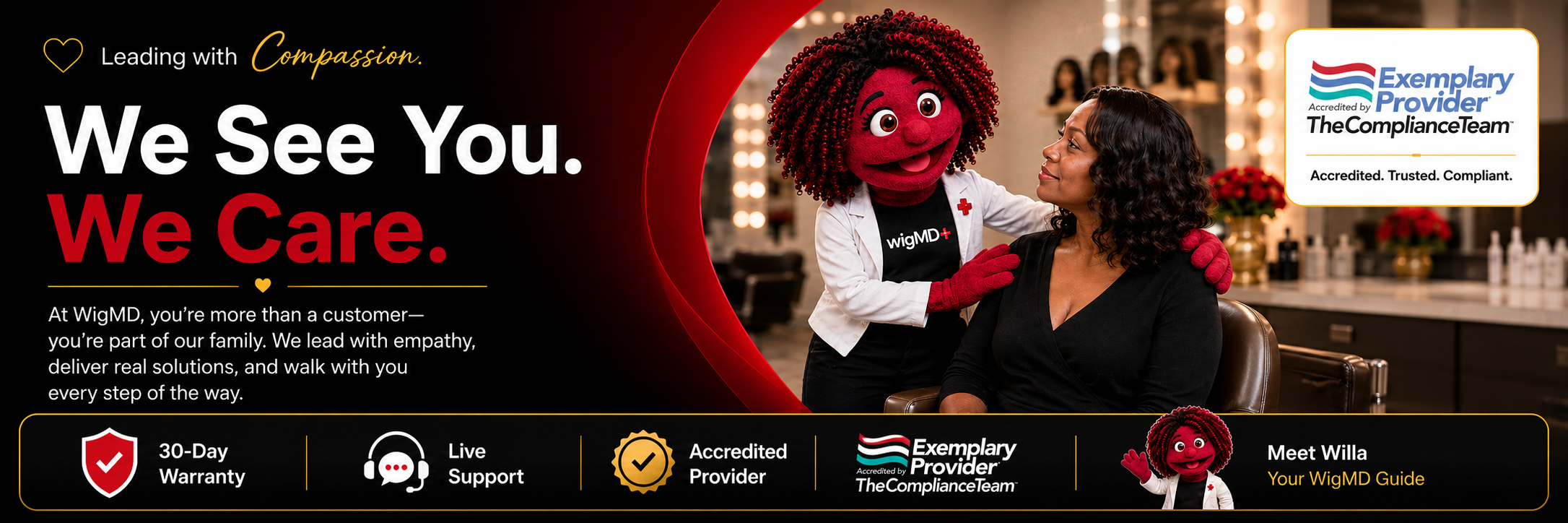 A promotional banner for WgMD featuring Willa a red-and-black mascot character interacting with a woman in a warmly lit indoor setting. Large text reads 'We See You.
