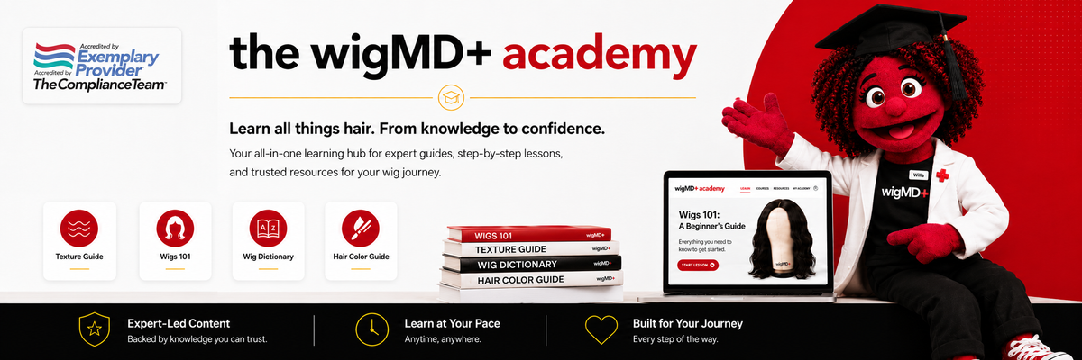 Promotional banner for 'the wigMD+ academy' featuring a Willa in a red wig and black graduation cap next to a laptop showing an online course interface. The banner includes branding, course icons, and text on a black background with red and white accents.