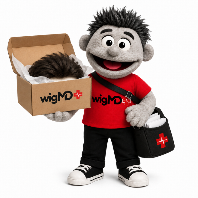 Gray plush character holding an open box with wigMD branding and a black bag.